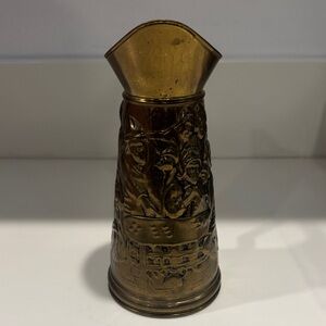 Vintage Brass Pitcher Vase, Embossed English Pub Scene, Made in England